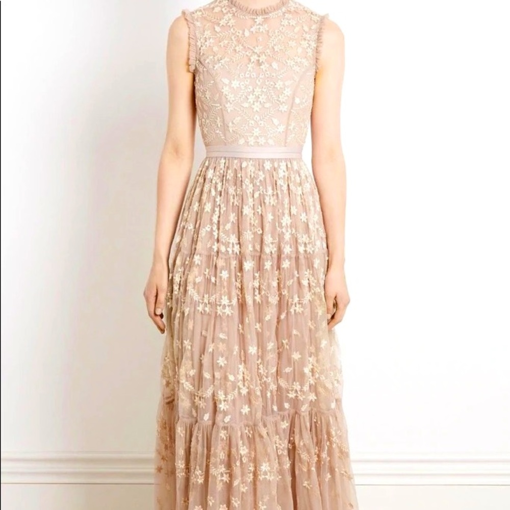Needle & Thread embroidered maxi dress beige sleeveless